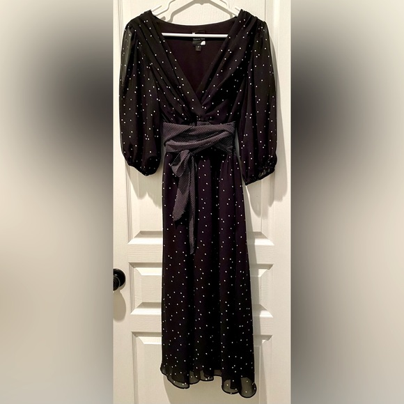 Maison Tara Dottie Faux Wrap Chiffon Midi Dress 3/4 Balloon Sleeves & Waist Sash - Picture 3 of 10